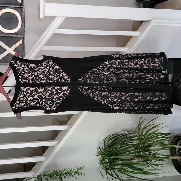 Tadashi Shoji Black Ivory/Tan Lace V-neck Sleeveless Night Out Dress - Picture 3 of 5